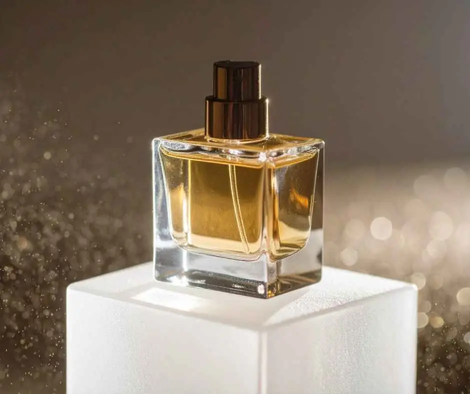 Glass perfume bottle with gold stylish alcohol-based fragrance against a shimmering background.