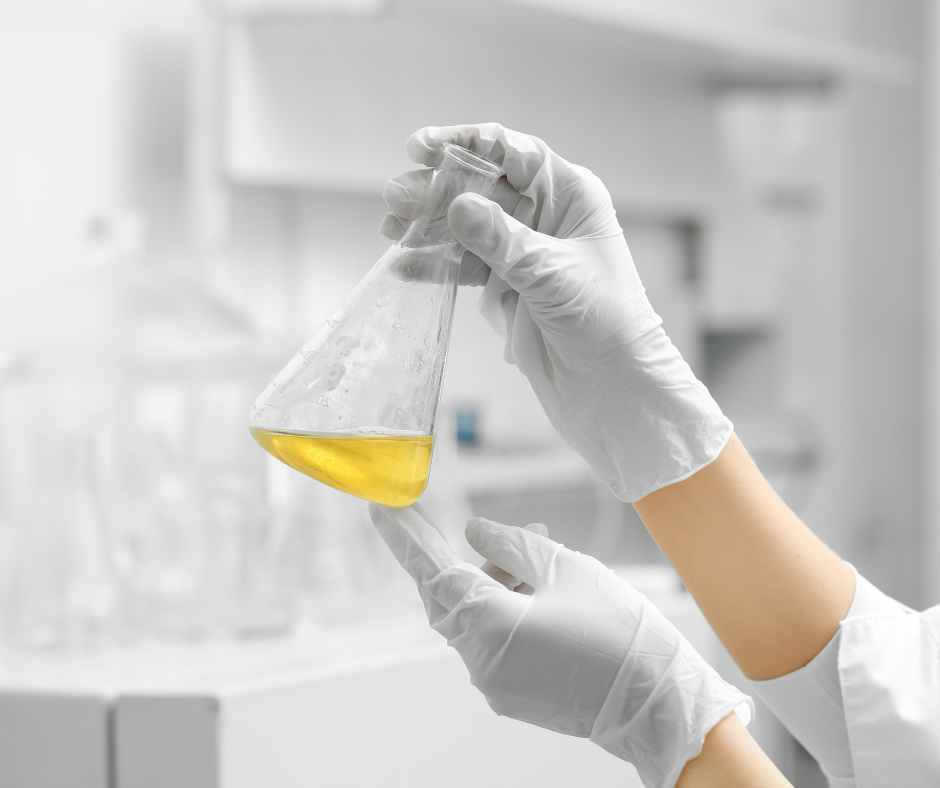 Gloved hands holding a conical flask with yellow liquid in a bright laboratory setting.