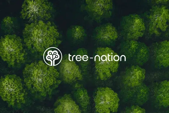 Fondo de copa de árbol con el logotipo y el texto de Tree-Nation en blanco en el centro.